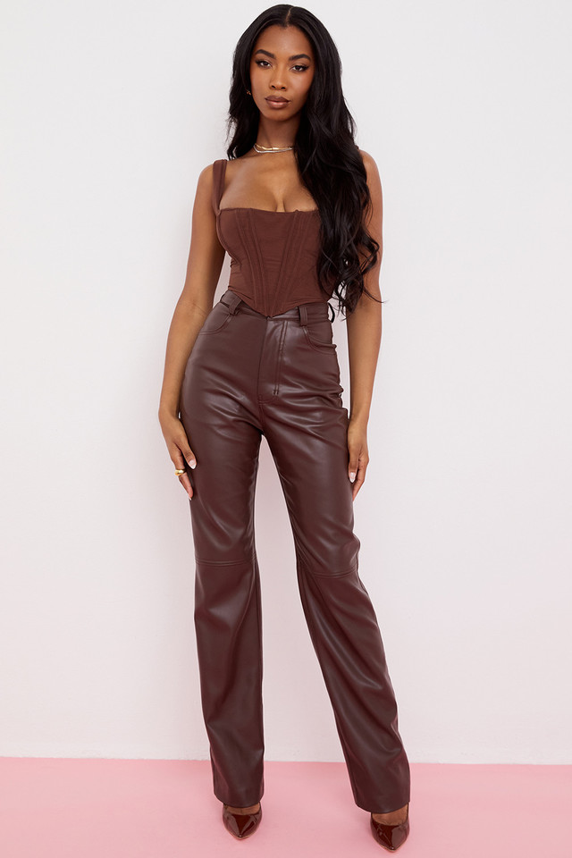 'Inaya' Dark Brown Stretch Vegan Leather Trousers